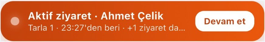 Uygulamadan kesit: Aktif ziyaret, Ahmet Çelik, Tarla 1, Devam et düğmesi